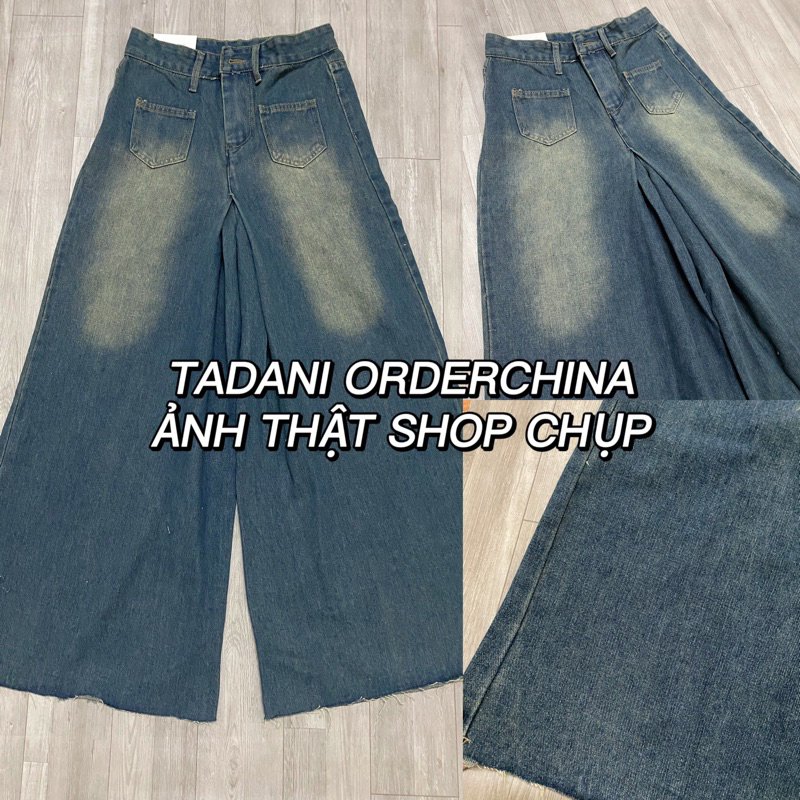 SẴN Quần jeans loe ống rộng hack dáng tua rua cạp cao xanh mài bạc hai túi trước một khuy tôn dáng