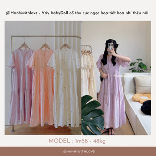 @Hanhiwithlove - Váy babyDoll cổ tàu cúc ngọc hoạ tiết hoa nhí thêu nổi phong cách hàn quốc