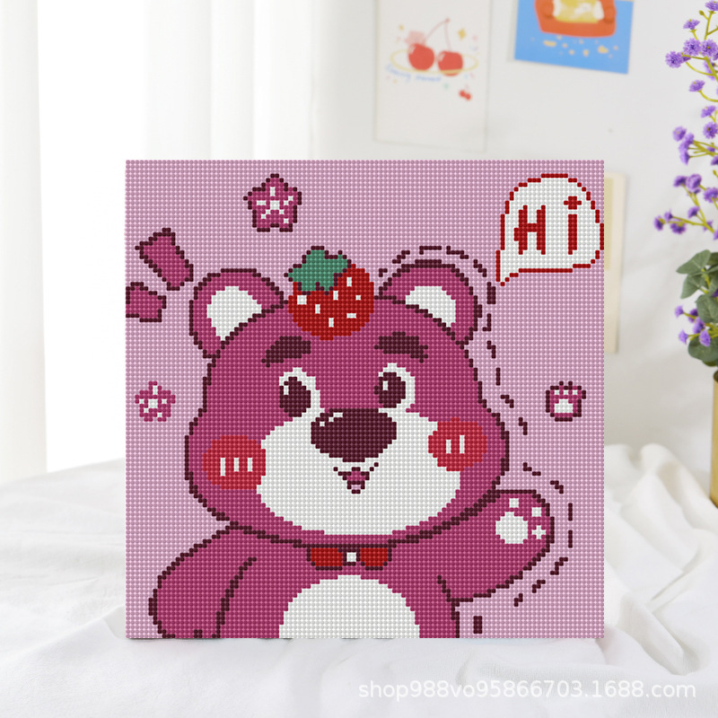 Tranh đính đá mini Gấu Dâu có khung 30x30 cm, Tranh Đính Đá Tự Làm - Mèo Béo Kids Store