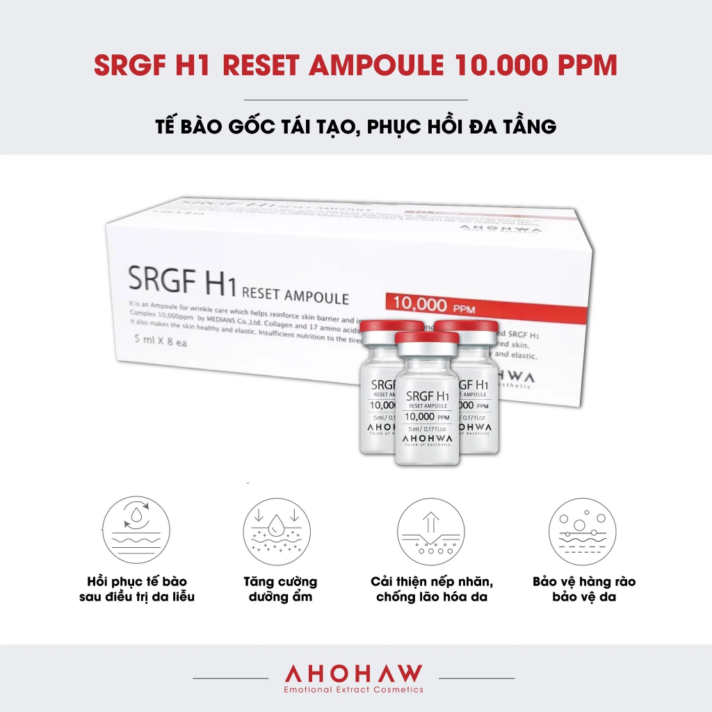 Tế bào gốc tái tạo - phục hồi đa tầng SRGF H1 Reset Ampoule (Hộp 8 lọ x 5 ml)