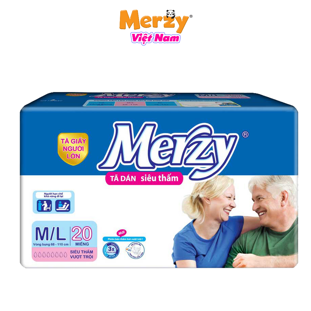 Bỉm Dán Người Lớn Merzy Siêu Thấm, Bỉm Cho Người Già Cao Cấp Siêu Mỏng Khô Thoáng Size  M/L  Gói 20 Miếng