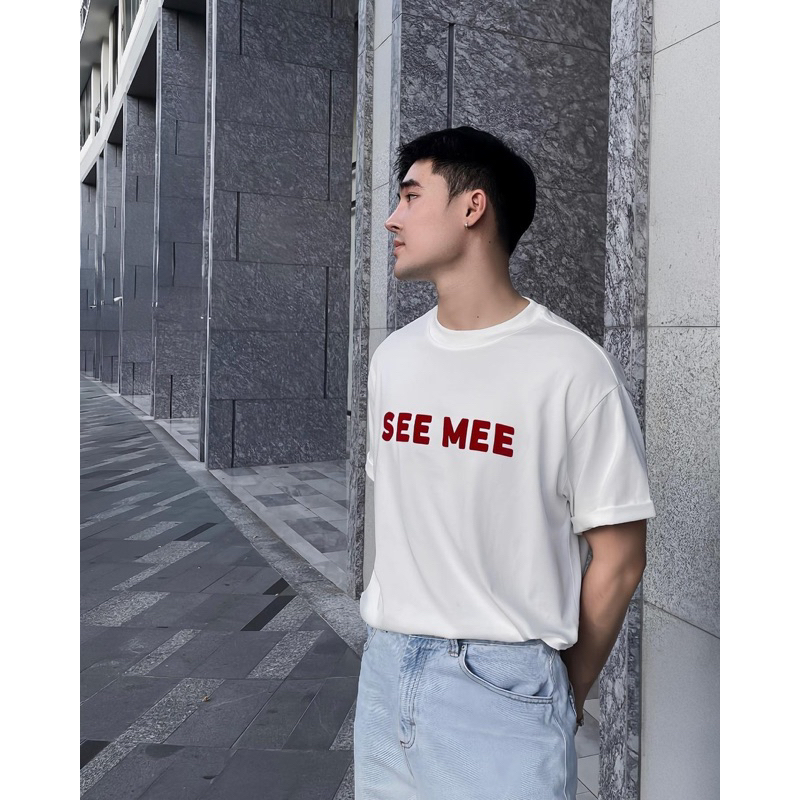 Áo thun phông cotton SEE MEE chữ in đỏ hai phông màu đen trắng dáng rộng đẹp cho nam và nữ