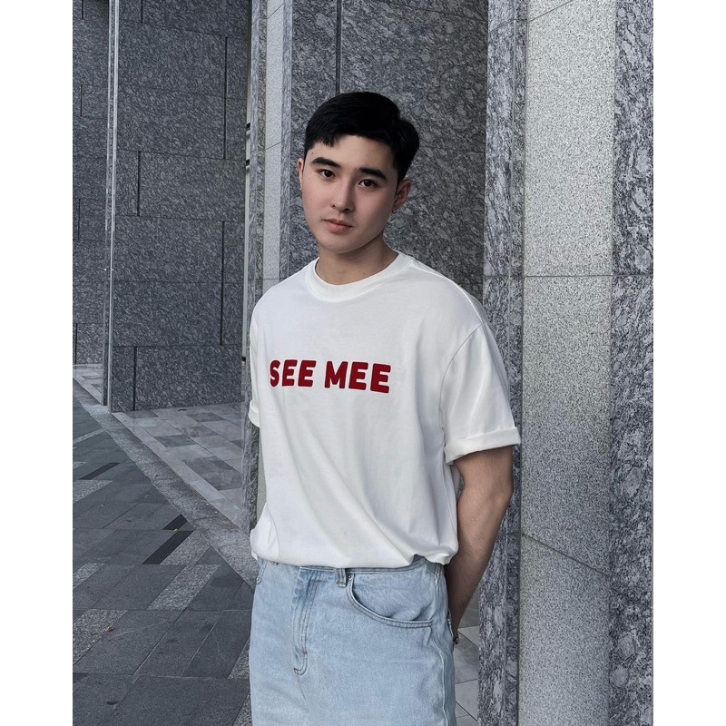 Áo thun phông cotton SEE MEE chữ in đỏ hai phông màu đen trắng dáng rộng đẹp cho nam và nữ