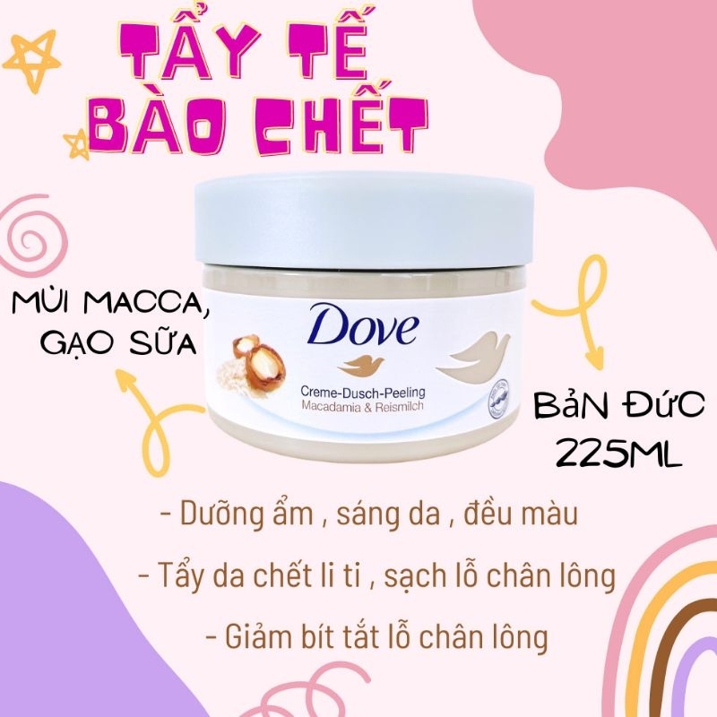 Tẩy tế bào chết Dove LỰU BƠ và MACCDAMIA SỮA GẠO  225ml