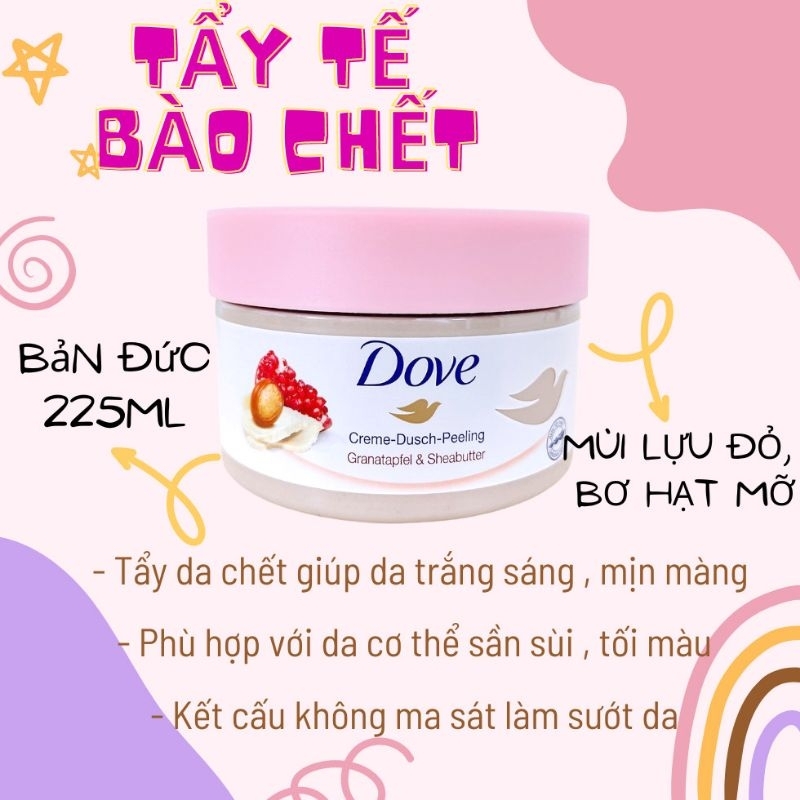 Tẩy tế bào chết Dove LỰU BƠ và MACCDAMIA SỮA GẠO  225ml