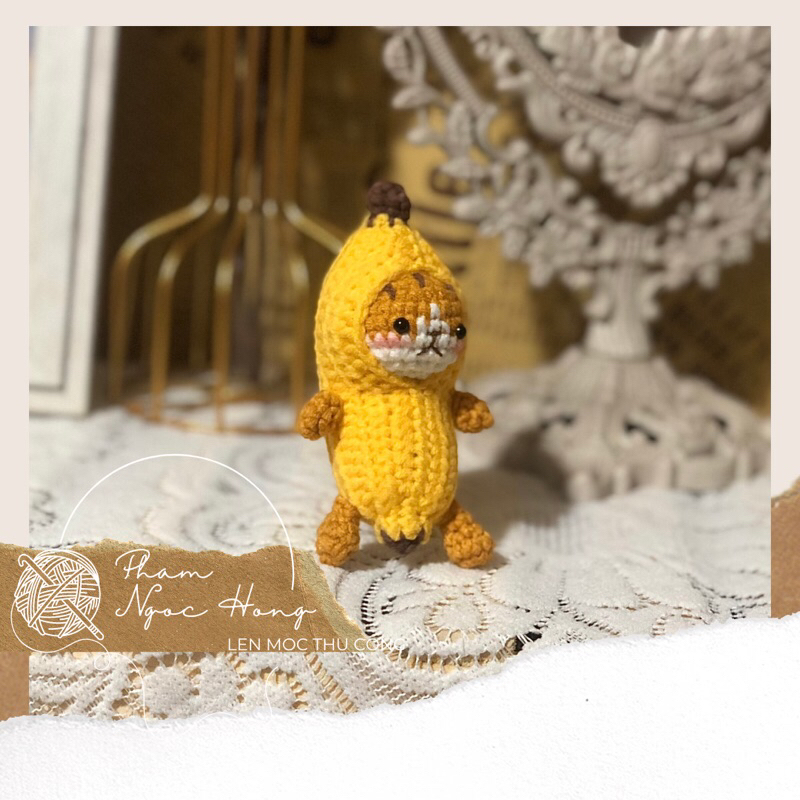 Móc khoá mèo chuối, banana cat, mèo len, len móc thủ công