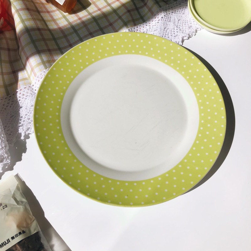 Đĩa viền xanh lá non pastel chấm bi dễ thương vintage gốm sứ Nhật Âu