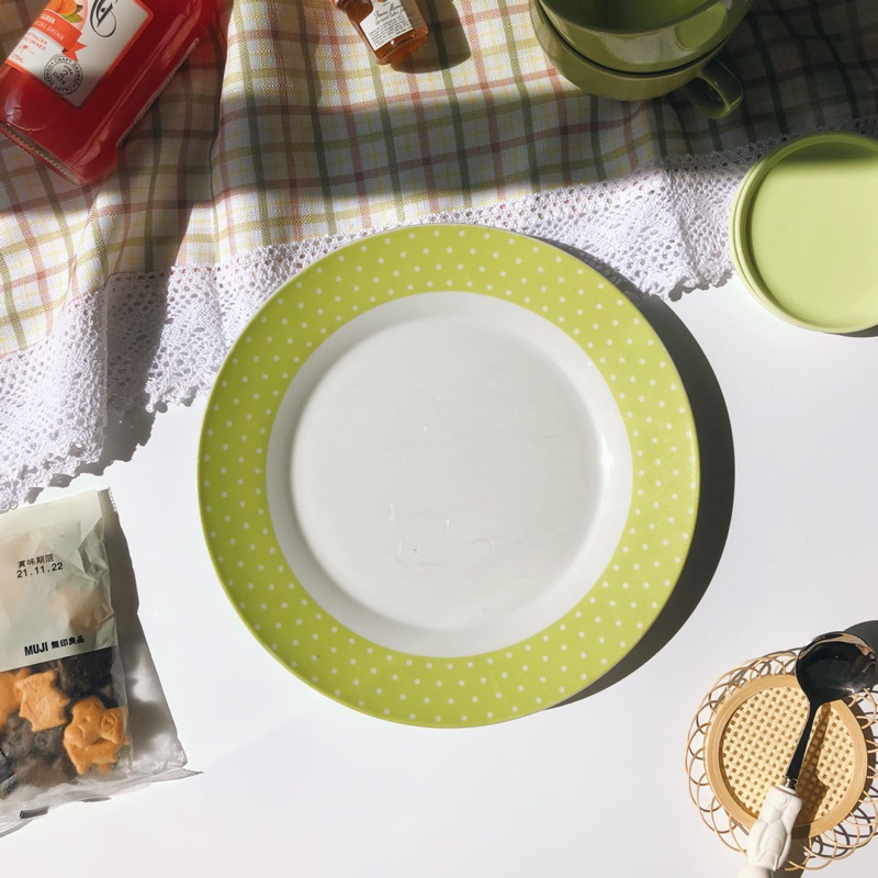 Đĩa viền xanh lá non pastel chấm bi dễ thương vintage gốm sứ Nhật Âu