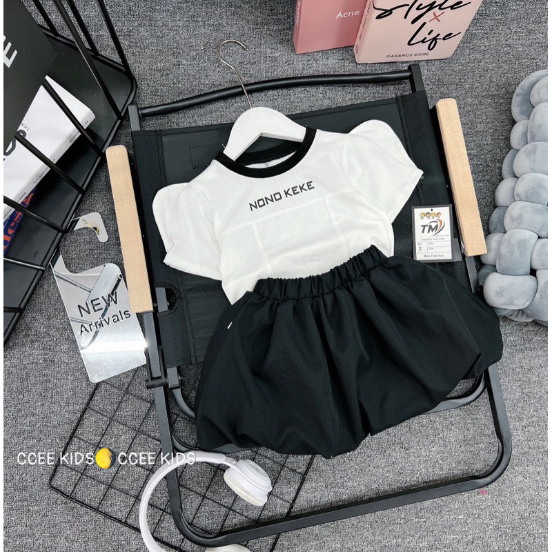 Set áo trắng cotton vai bồng kèm chân váy 2 lớp dáng bí ngô siêu xinh cho bé gái 10-33kg