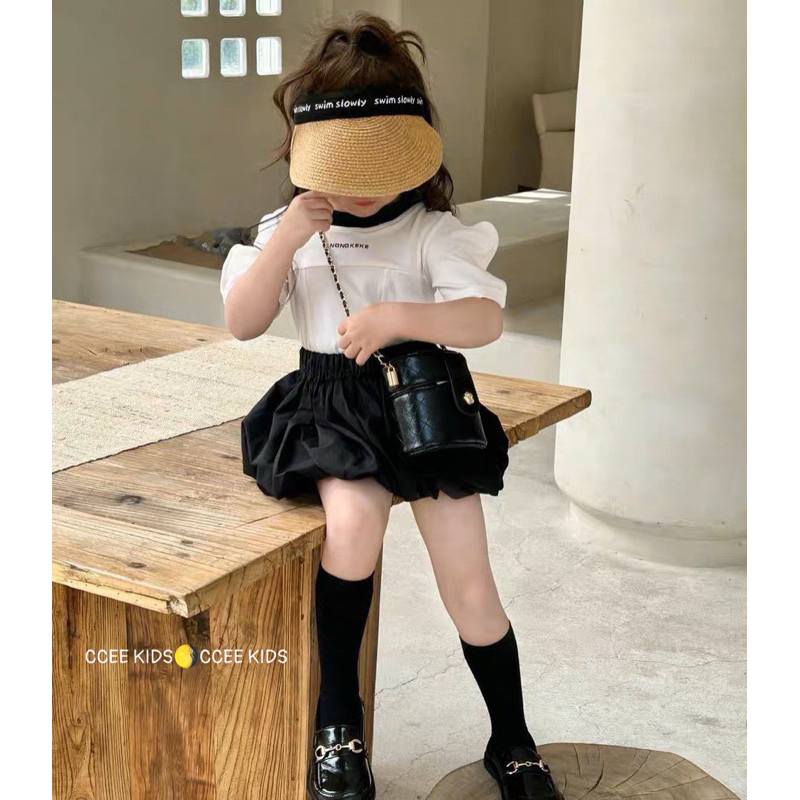 Set áo trắng cotton vai bồng kèm chân váy 2 lớp dáng bí ngô siêu xinh cho bé gái 10-33kg