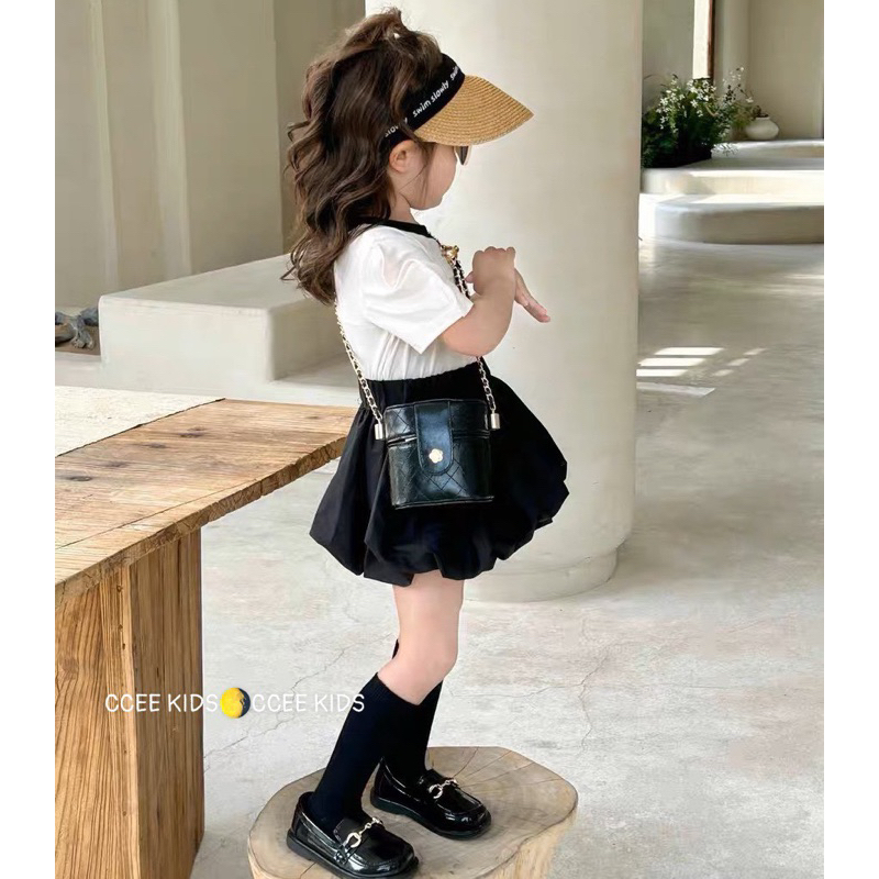 Set áo trắng cotton vai bồng kèm chân váy 2 lớp dáng bí ngô siêu xinh cho bé gái 10-33kg