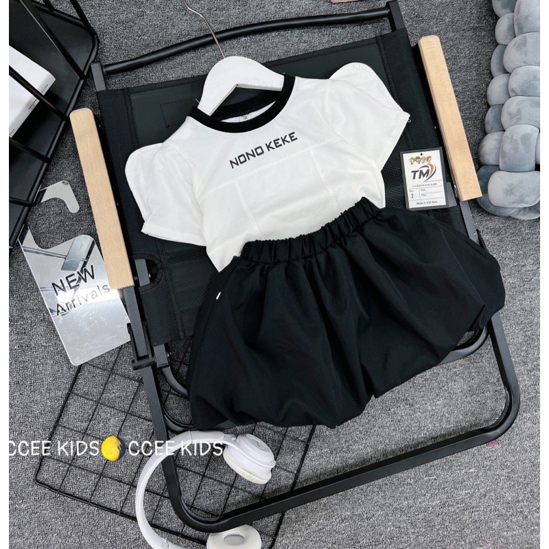 Set áo trắng cotton vai bồng kèm chân váy 2 lớp dáng bí ngô siêu xinh cho bé gái 10-33kg