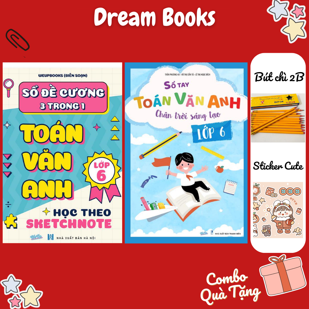 Sách- Combo Sổ Tay Đề Cương Toán Văn Anh Lớp 6 Học Theo SKETCHNOTE & Sổ Toán Văn Anh chương trình Chân Trời