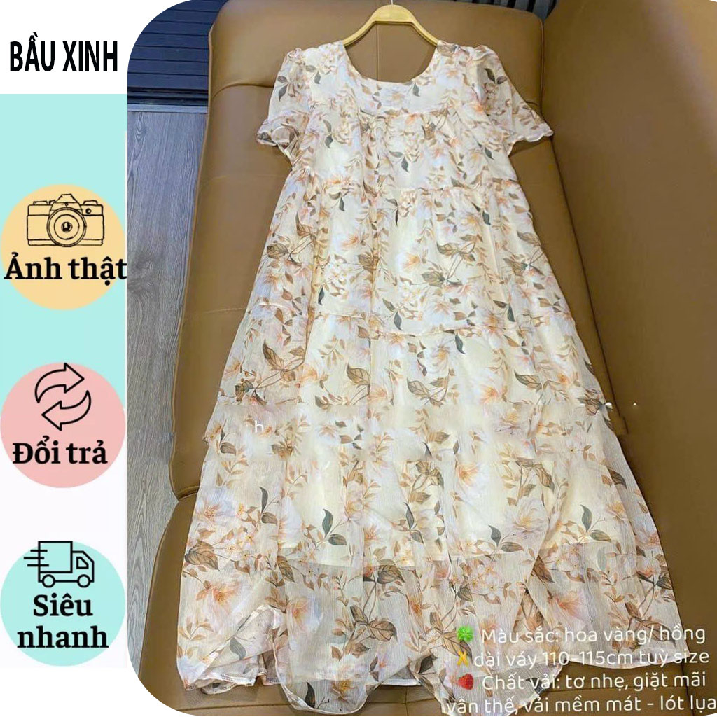 VÁY BẦU CÔNG SỞ DỰ TIỆC MÙA HÈ BABAYDOLL HOA XINH XẮN DÁNG TIỂU THƯ VẢI VOAN TƠ 2 LỚP MỀM MỊN FRESIZE