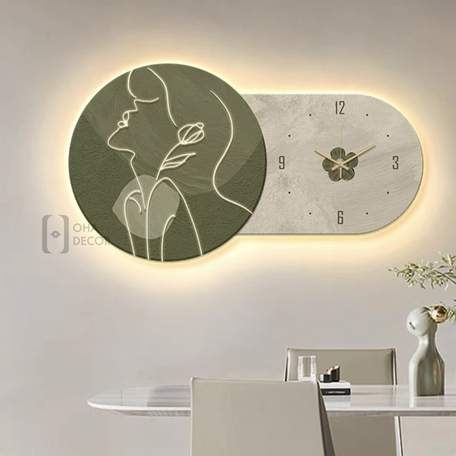 Tranh 3D Led Đồng Hồ Cô Gái Nét Vẽ Trang Trí Nhà, Quán Cà Phê Tối Giản Xưởng Giá Rẻ