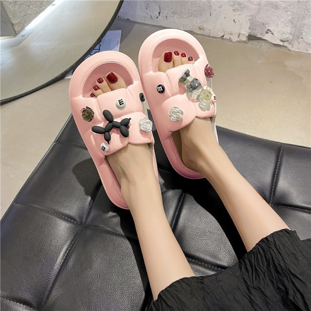 𝐢𝐃É𝐏 𝐃𝐋𝟐𝟒𝟑 Dép bánh mì CHAO vuông nữ đế cao 3cm gắn sticker hình Thỏ quai ngang EVA siêu nhẹ đi trong nhà