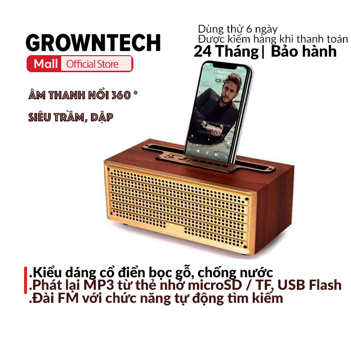 Loa bluetooth GROWNTECH XM 505 Bass mạnh, công suất lớn siêu trầm,thiết kế vỏ gỗ dạng thanh để bàn có giá đỡ điện thoại