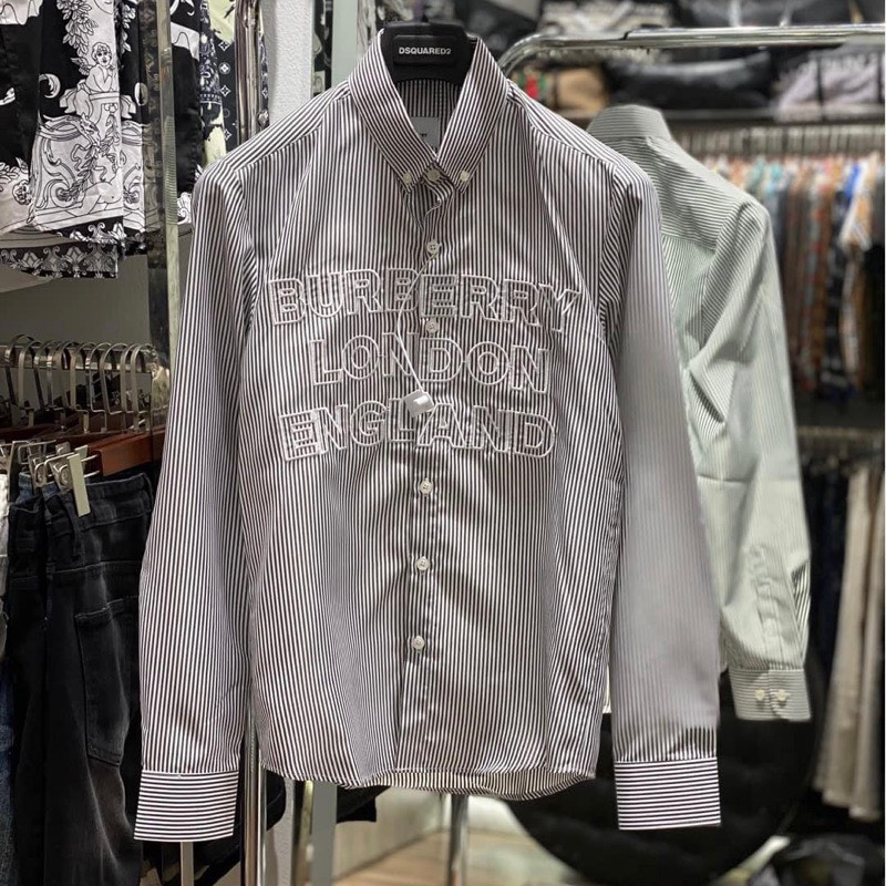 Áo Sơ Mi BURBERRY LONDON Kẻ Xám Dài Tay Vải Cotton Lụa Cao Cấp