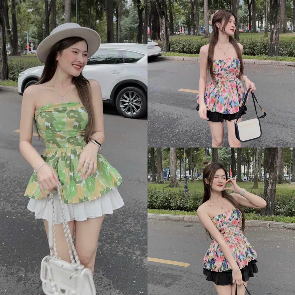 Set bộ đồ nữ cúp ngực phối hoa hồng mix chân váy(có lót)xòe siêu xinh dành nàng đi chơi,dạo phố thời trang nữ MOON