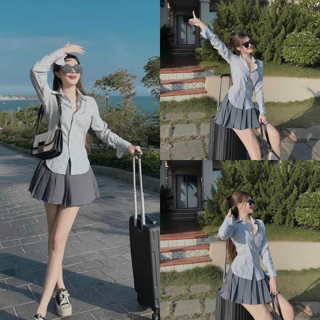 Set bộ đồ nữ áo sơ mi tay sọc dài mix chân váy dập ly  siêu xinh dành cho nàng đi chơi thời trang nữ MOON