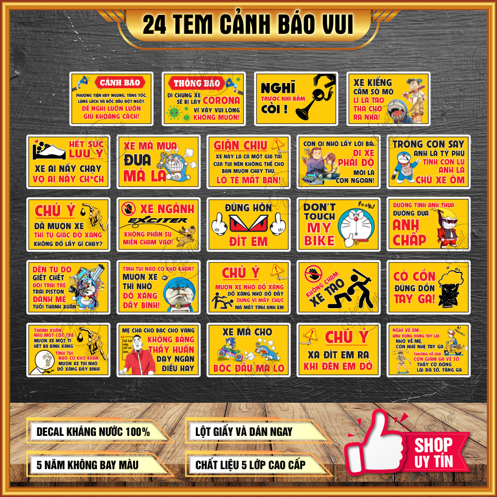 Nguyên bộ 24 tem cảnh báo vui mượn xe nhớ đỗ xăng không chạm xe tôi xe ai náy chạy xe má mua đua má la xe kiểng cấm sờ