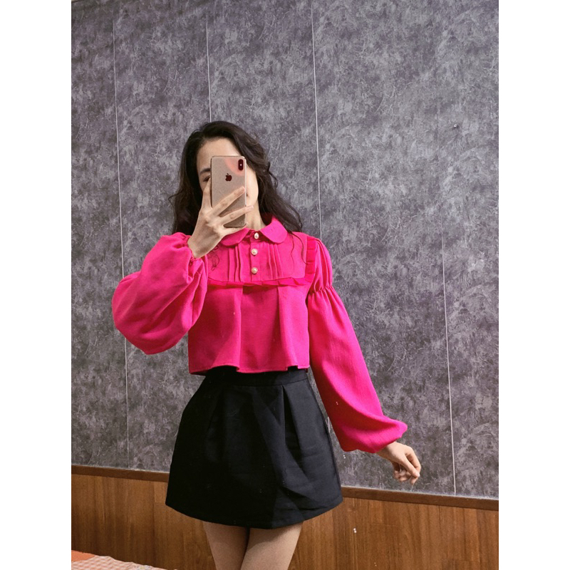 Áo Sơ Mi Dạ Croptop Tay Bồng Cổ Sen Xinh Xắn