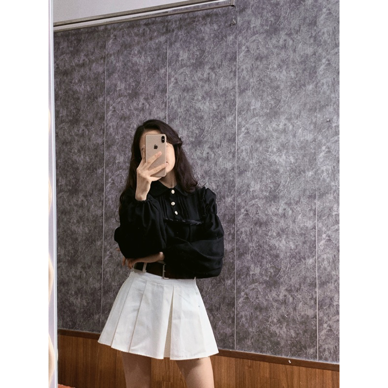 Áo Sơ Mi Dạ Croptop Tay Bồng Cổ Sen Xinh Xắn