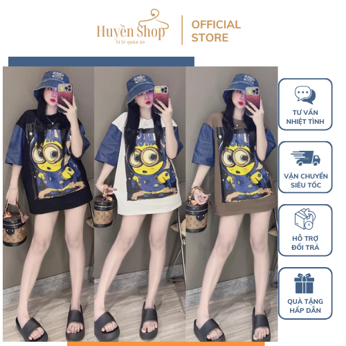 Áo Thun Cotton Siêu Cấp In Hình Minion Tay Ngắn Pha Jeans Phom Rộng Dáng Dài Chât Cực Mát Phom Từ 42kg_60kg #Huyền shop