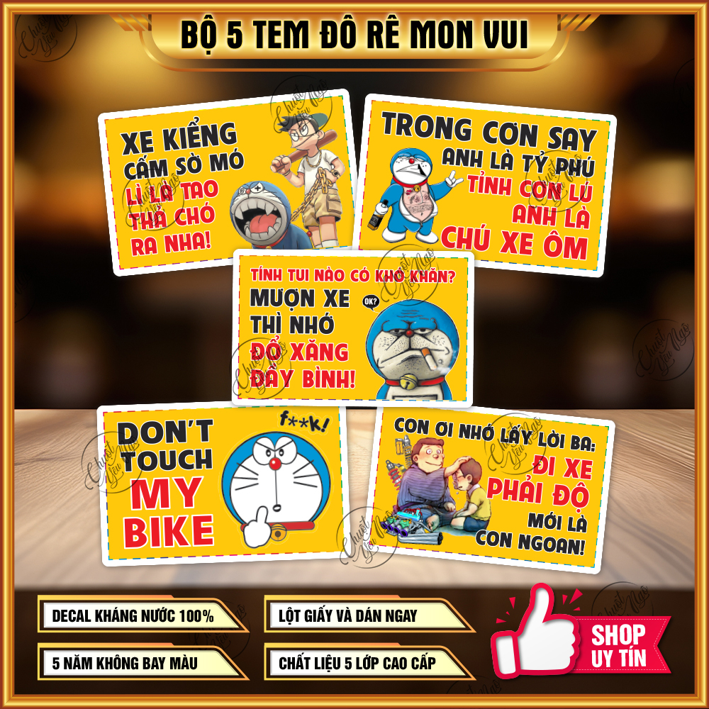 Combo 5 miếng tem xe vui dán xe máy đô rê mon mượn xe nhớ đỗ xăng