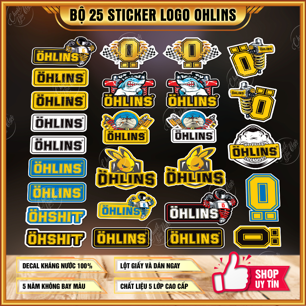 Combo 25 hình tem dán decal chống nước logo OHLINS trang trí dán xe máy, nón bảo hiểm,...không làm hỏng bề mặt dán