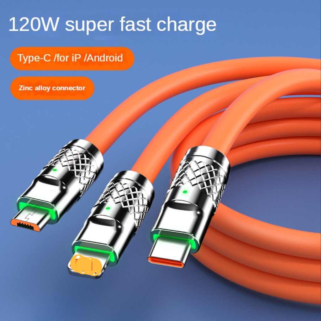 Cáp sạc siêu nhanh 120W cao cấp 3 đầu dây sạc cho samsung IP hợp kim kẽm 120W 6A dây silicone