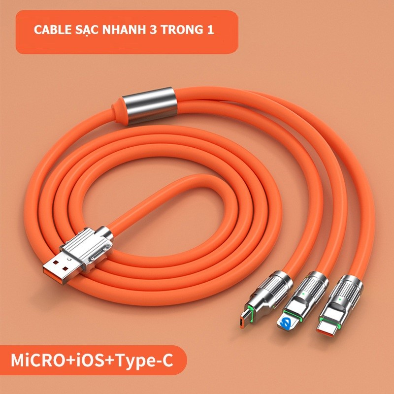 Cáp sạc siêu nhanh 120W cao cấp 3 đầu dây sạc cho samsung IP hợp kim kẽm 120W 6A dây silicone