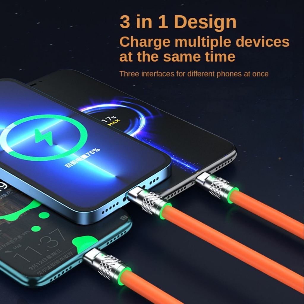 Cáp sạc siêu nhanh 120W cao cấp 3 đầu dây sạc cho samsung IP hợp kim kẽm 120W 6A dây silicone