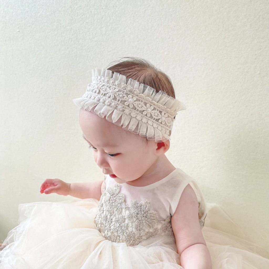 Turban ren công chúa đính ngọc màu kem cho bé gái Homey N30014