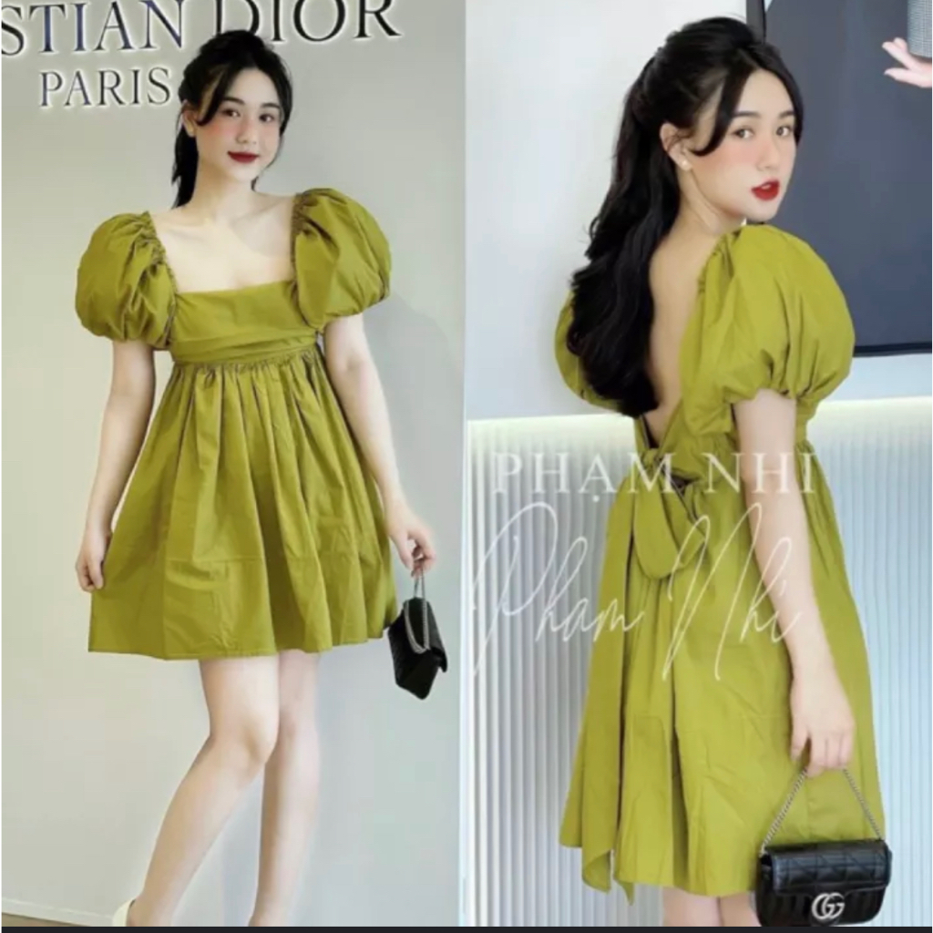 ￼Váy Babydoll Thô Nơ Sau Tay Phồng Siêu Xinh