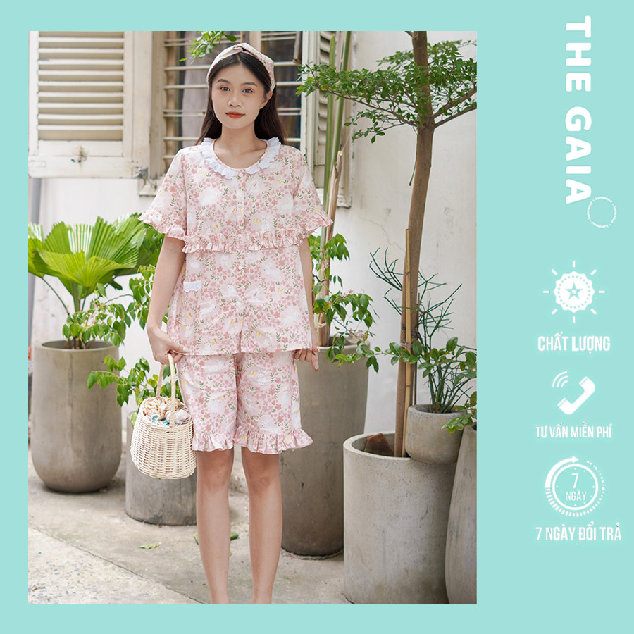 The Gaia - Bộ pyjama nữ mặc nhà THE GAIA bèo viền chất liệu vải thô cotton