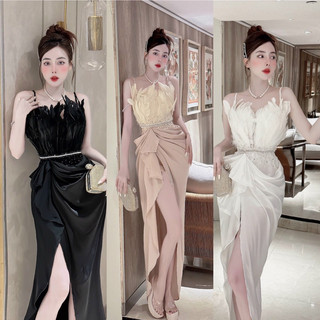 Đầm lông vũ đính đá thiết kế dự tiệc l1