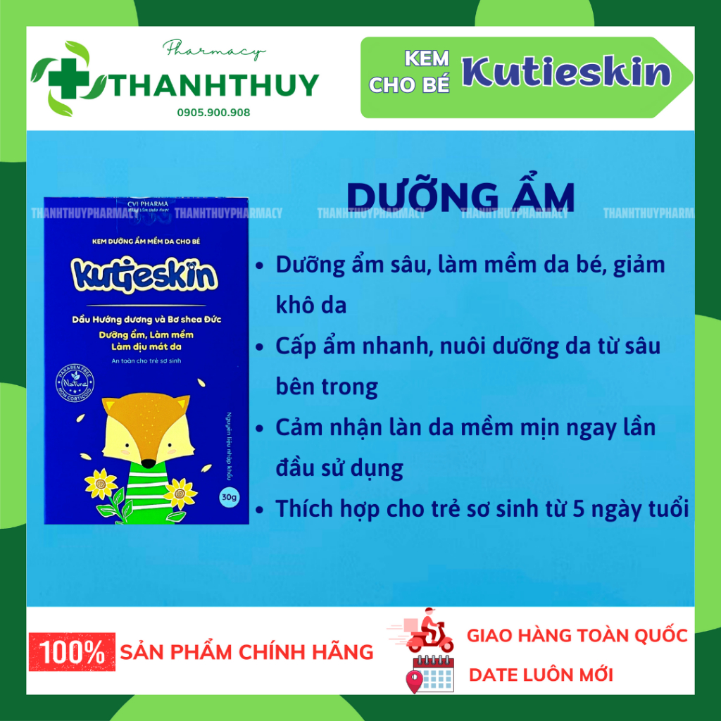 Kutieskin Kem Bôi Da Tự Nhiên Chăm Sóc Làn Da Bé, Dưỡng Ẩm Chàm Sữa, Lác Sữa , Mẩn Ngứa, Hăm Tuýp 30g