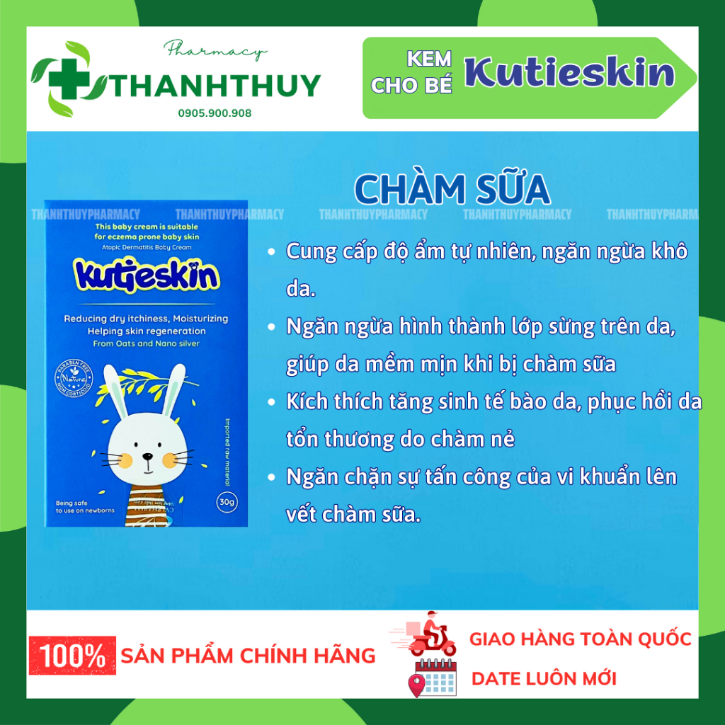 Kutieskin Kem Bôi Da Tự Nhiên Chăm Sóc Làn Da Bé, Dưỡng Ẩm Chàm Sữa, Lác Sữa , Mẩn Ngứa, Hăm Tuýp 30g