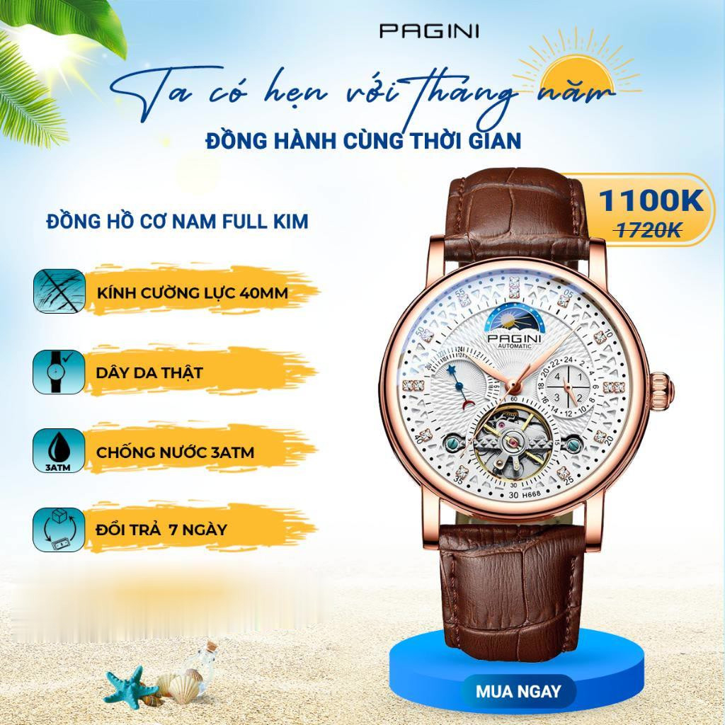 Đồng Hồ Cơ Nam Pagini PA - Dây Da Bò Cao Cấp - Đính Kim Cương Nhận Tạo Sang Trọng Hàng Chính Hãng Bảo Hành 12 Tháng