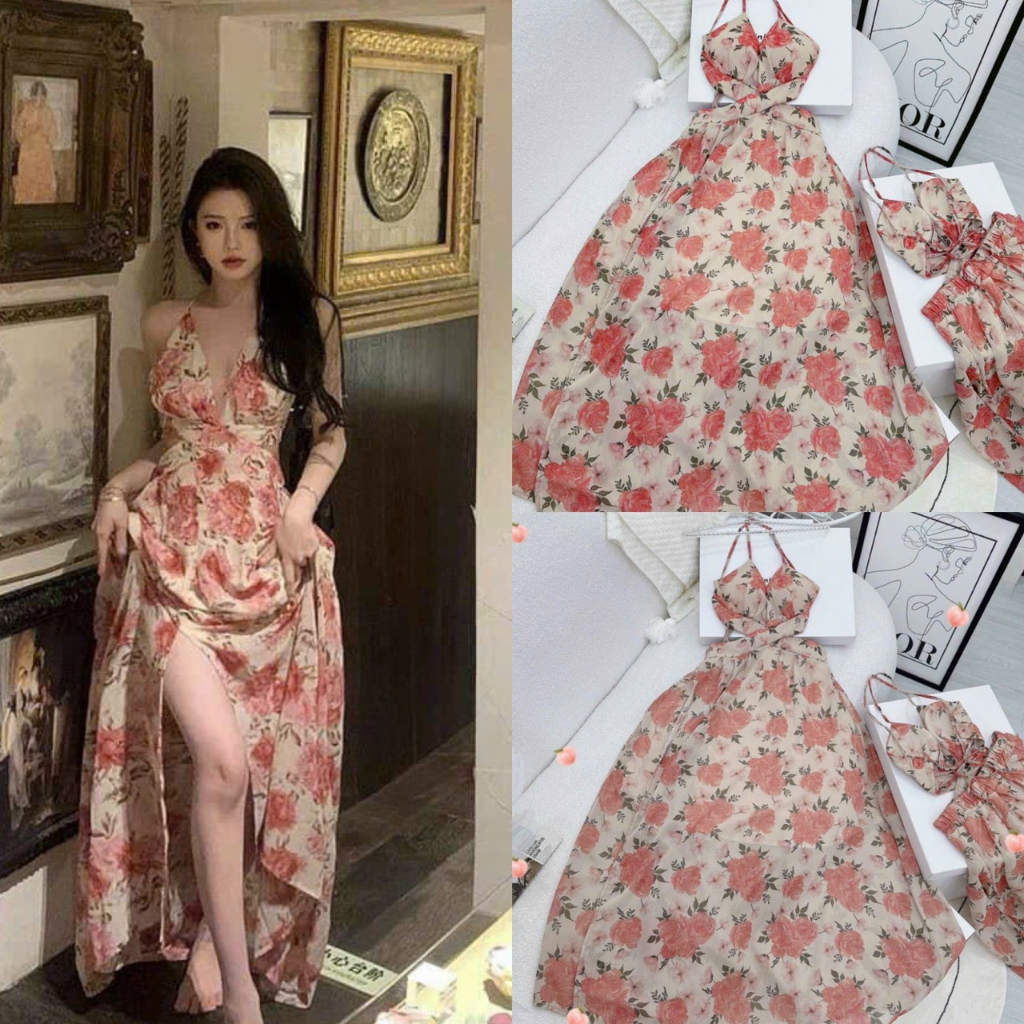 Đầm váy nữ hai dây xẻ tà phối voan hoa với tone đỏ dễ thương siêu xinh dành cho nàng đi chơi,đi biển thời trang nữ MOON