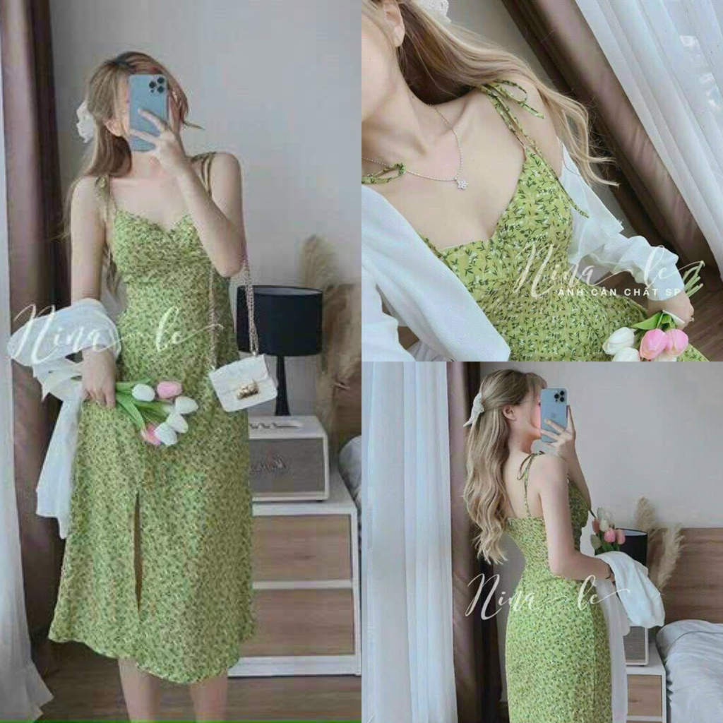 Set đầm váy nữ lụa hoa ly xanh hai dây dáng dài mix áo khoác trắng siêu xinh xắn thời trang nữ MOON