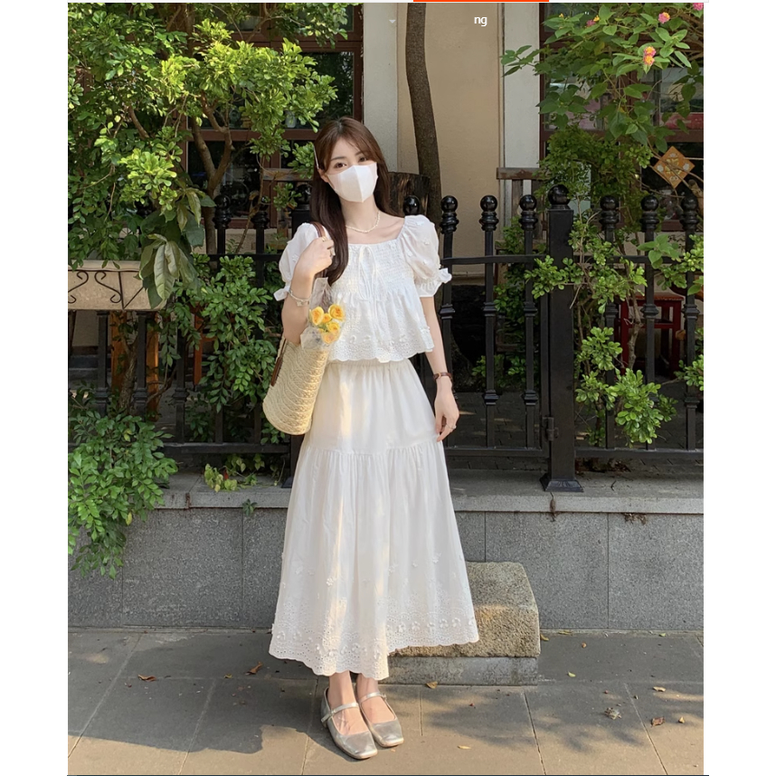 (ORDER) Set Áo Sơ Mi Tay Ngắn Mặc 2 Kiểu Phong Cách Tiểu Thư + Chân Váy Trắng Dài Dễ Thương Mẫu Mới Nhất