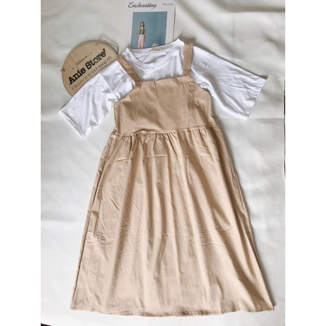 Set Váy Yếm Nhung Nhỏ Xẻ Tà Vintage Xinh Xắn Kèm Áo Thun 2 Màu