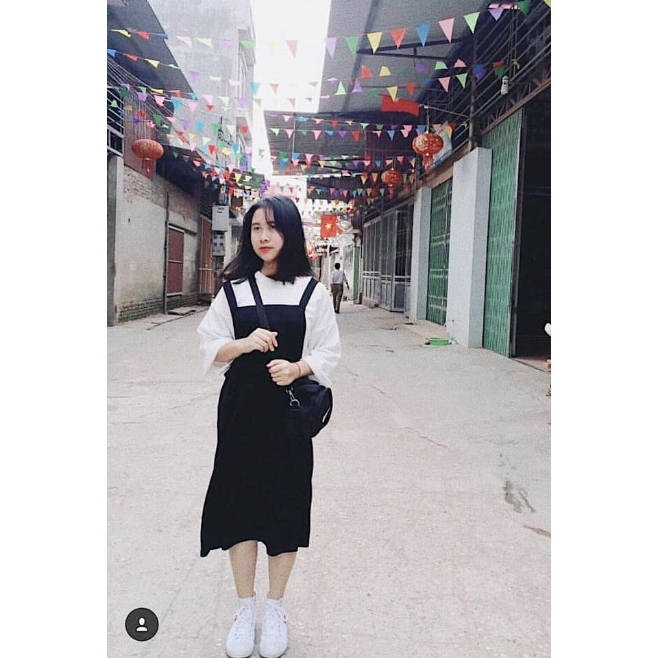 Set Váy Yếm Nhung Nhỏ Xẻ Tà Vintage Xinh Xắn Kèm Áo Thun 2 Màu