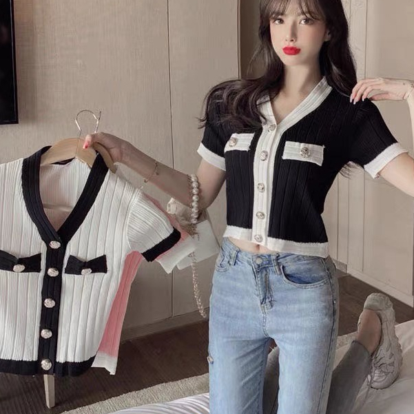 Áo Len Cardigan Cộc Tay Cổ Tim Phối Viền Khuy Giữa - SCXA179