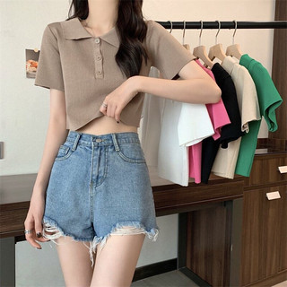 Áo len dệt kim cộc tay trơn cổ mở khuy dáng crotop - scxa177