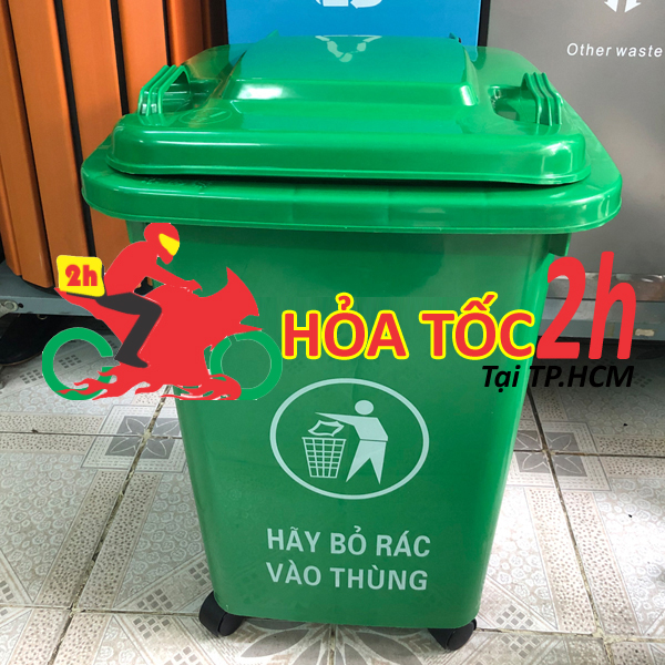 Thùng rác nhựa 60 lít - 04 bánh xe - xanh, vàng, cam, xám đen