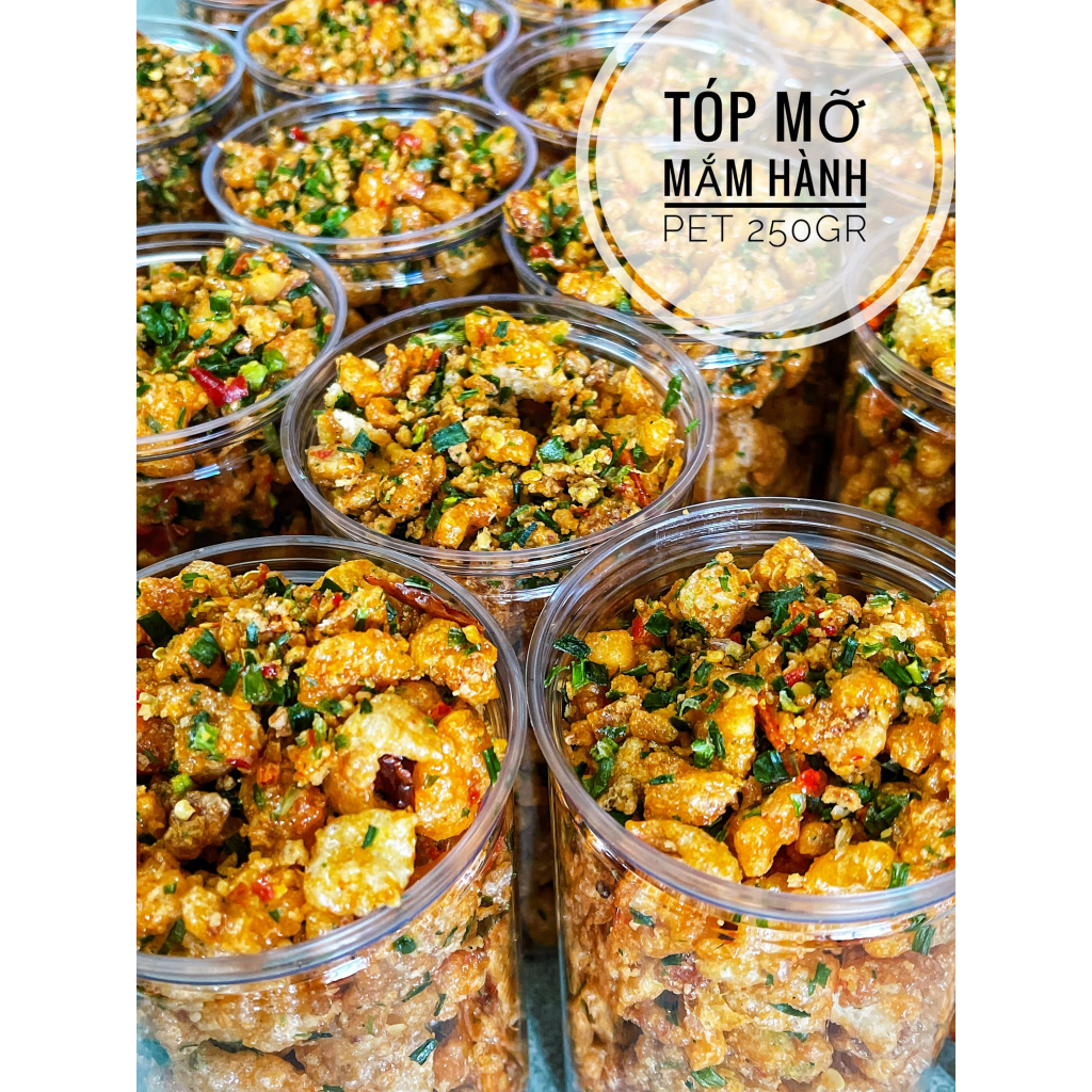 Tốp mỡ liền da sấy giòn rim nước mắm hành phi thơm ngon hộp pet 250gr