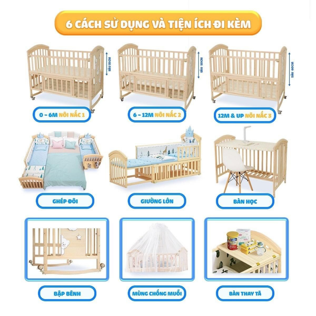 Giường cũi đa năng 6 in 1 KIDSSUN cho bé, tặng bộ quà 6 món phụ kiện, thông minh tiện lợi an toàn bảo hành 3 năm